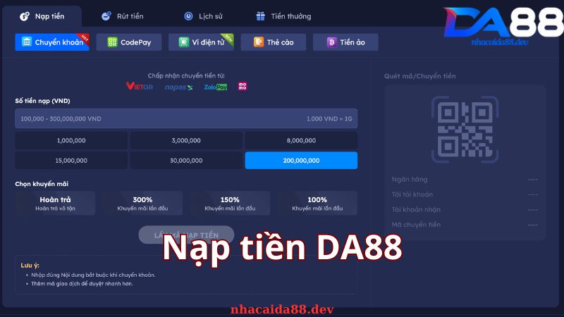Các phương thức nạp tiền DA88